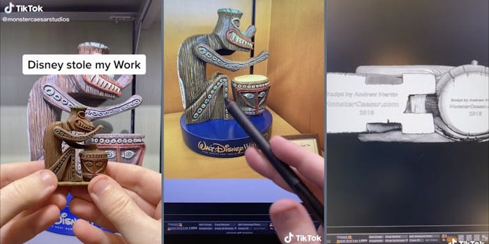 'Disney stole my work' (L) Disney Enchanted Tiki Room sculpture (M) 3D printed model for Tiki Sculpture (R)