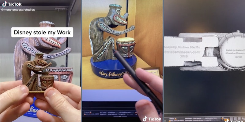 'Disney stole my work' (L) Disney Enchanted Tiki Room sculpture (M) 3D printed model for Tiki Sculpture (R)