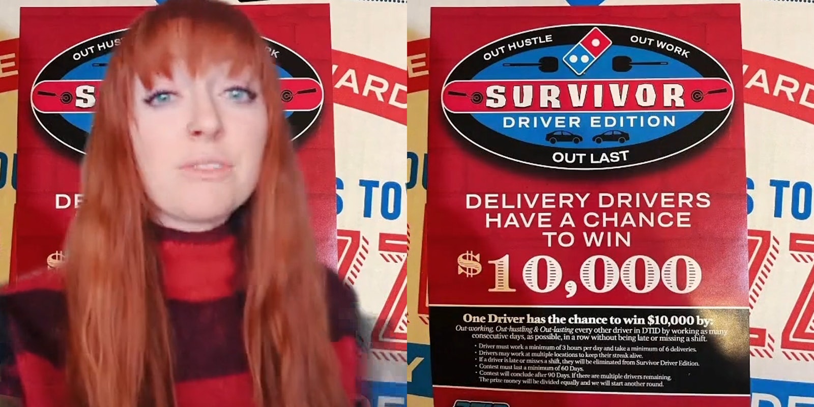 young woman in sweater (l) domino's pizza 'survivor' driver edition - delivery drivers have a chance to win $10,000