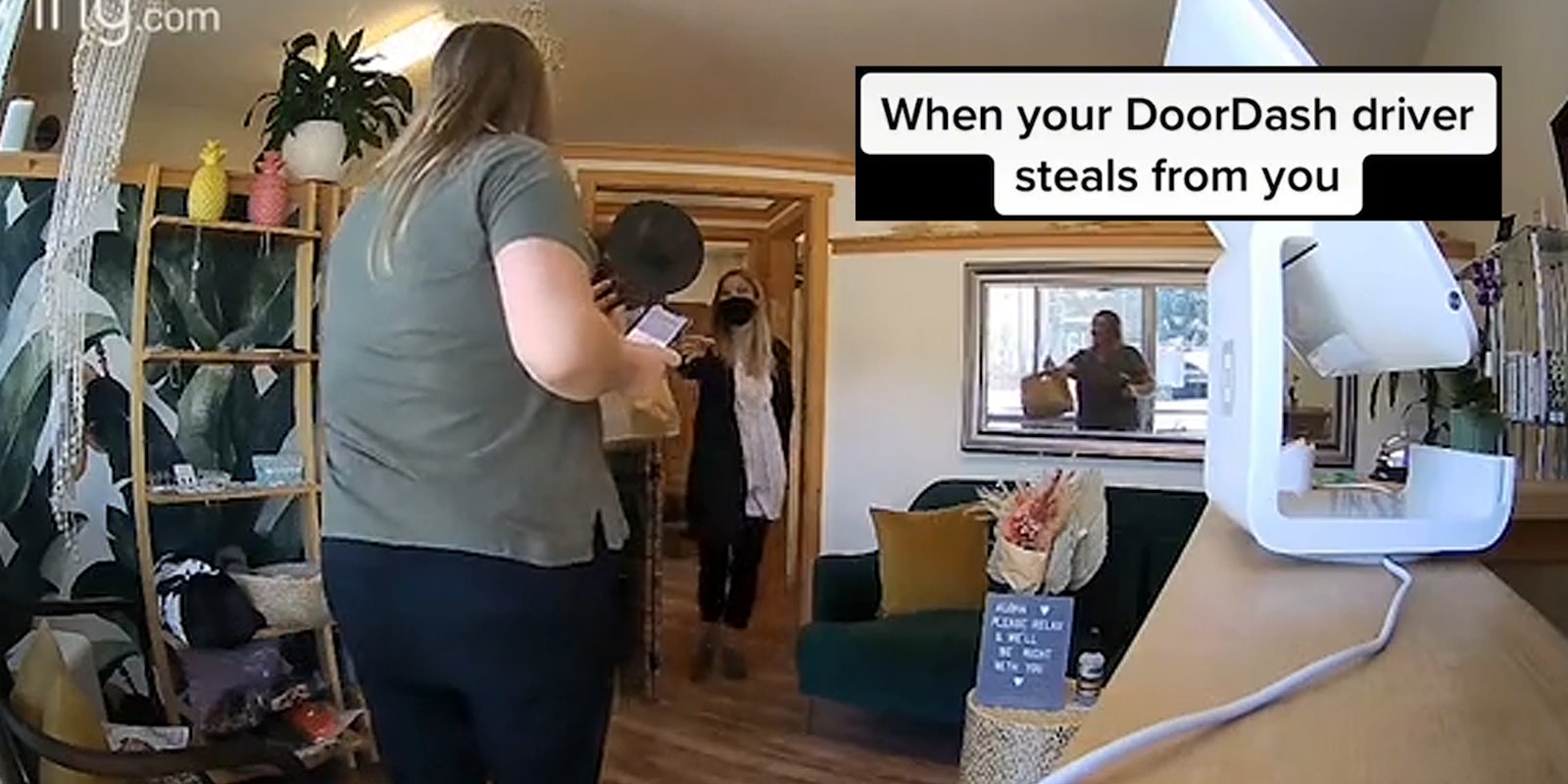 woman delivering food with caption 'when your doordash driver steals from you'