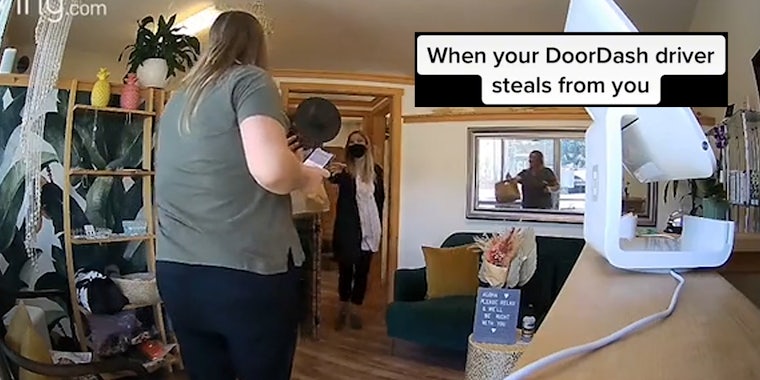 woman delivering food with caption 'when your doordash driver steals from you'
