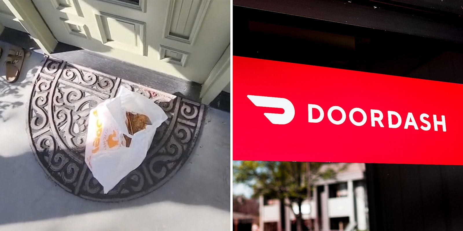 A bag of food on the ground (L) and a DoorDash sign (R).