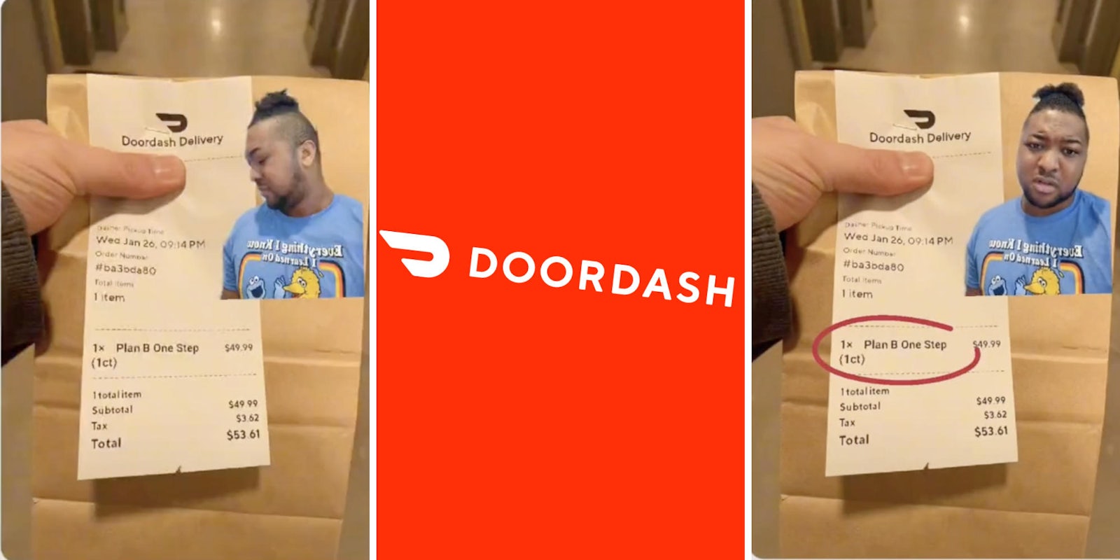 man looking at doordash receipt (l) (r) doordash logo (m)