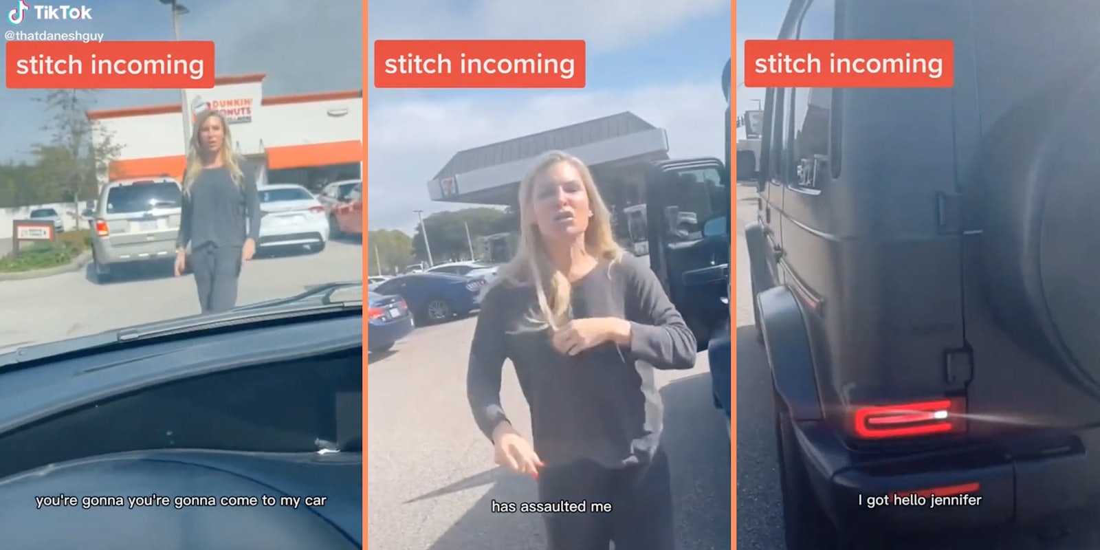 TikTok shows woman trying to run over TikToker in Dunkin' parking lot.