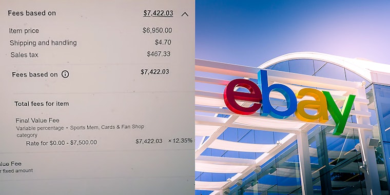 A bill (L) and a sign for eBay (R).