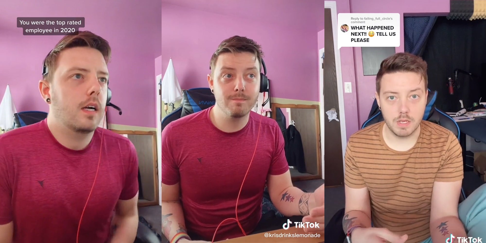 man at desk wearing headset (l & c) with caption 'you were the top rated employee in 2020' man in chair with caption 'what happened next tell us please' (r)