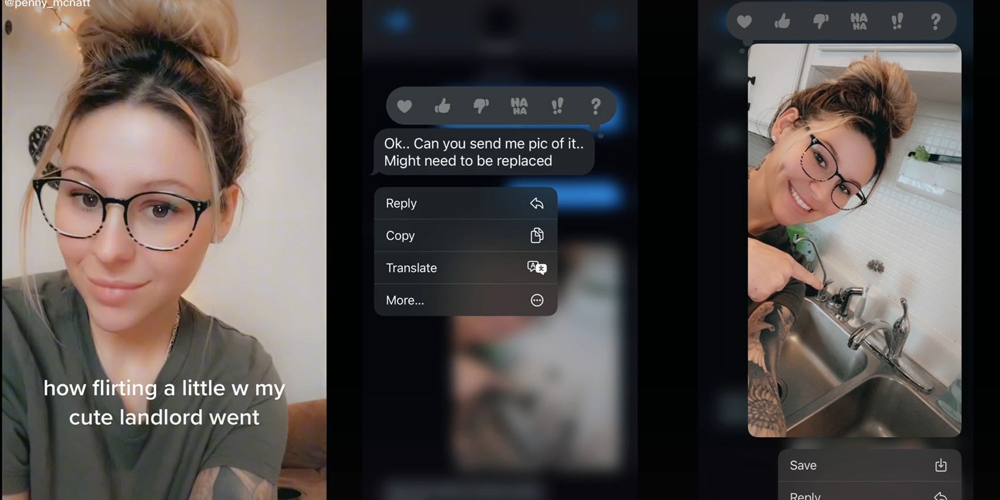 young woman with caption 'how flirting a little w my cute landlord went' (l) text message that reads 'ok... can you send me a pic of it.. might need to be replaced' (c) selfie with faucet (r)