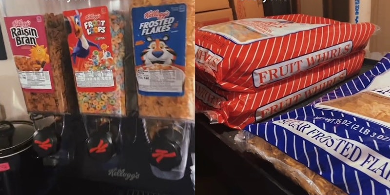 raisin bran, froot loops, and frosted flakes dispensers (l) bags of 'fruit whirls' and 'sugar frosted flakes' (r)