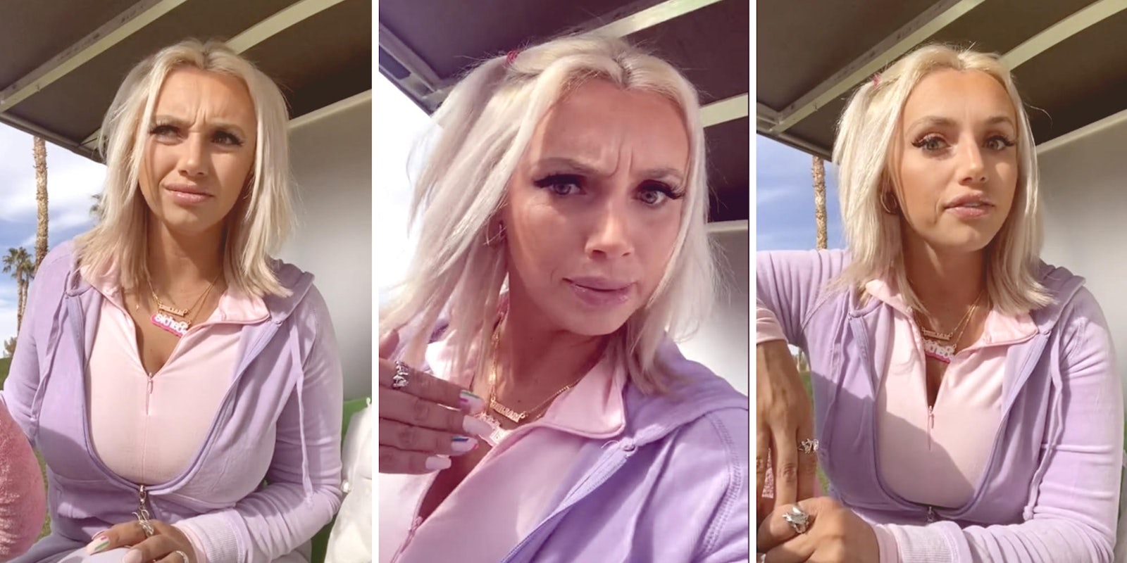 three photos of a blond woman woman sitting outside, explaining a story