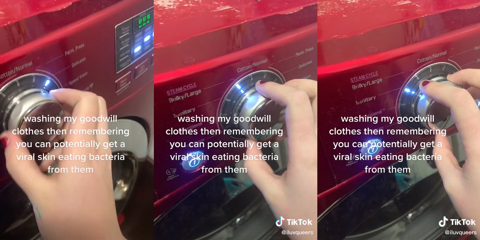 woman turning washing machine knob with caption 'washing my goodwill clothes then remembering you can potentially get a viral skin eating bacteria from them'