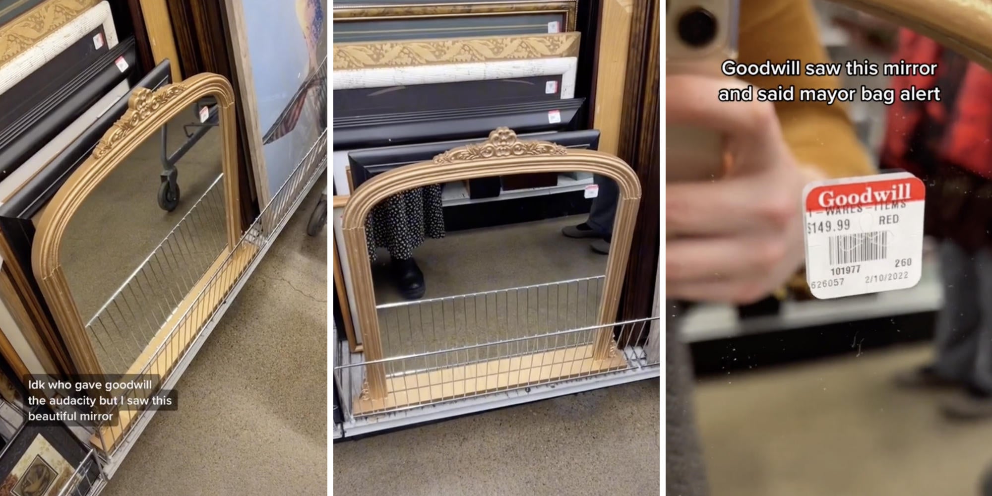photo of a mirror at goodwill (l) (m) the price sticker on the mirror (r)