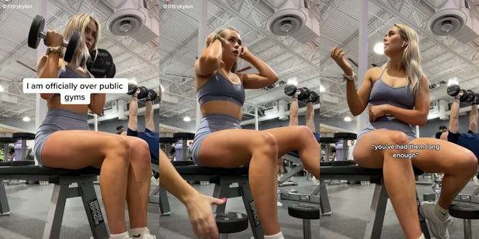 young woman lifting in gym with caption "i am officially over public gyms" (l) hand reaches in to take weight (c) young woman looking to the side with caption "you've had them long enough" (r)