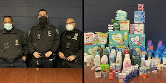 nypd officers with seized pampers and toiletries