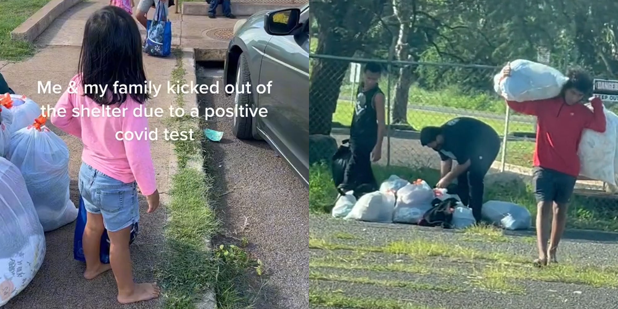 young girl standing barefoot on sidewalk with caption "me & my family kicked out of the shelter due to a positive covid test" (l) people carrying garbage bags (r)