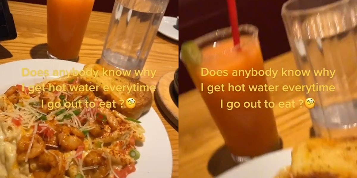 plate of shrimp with glasses and caption 'does anybody know why I get hot water everytime I go out to eat?'