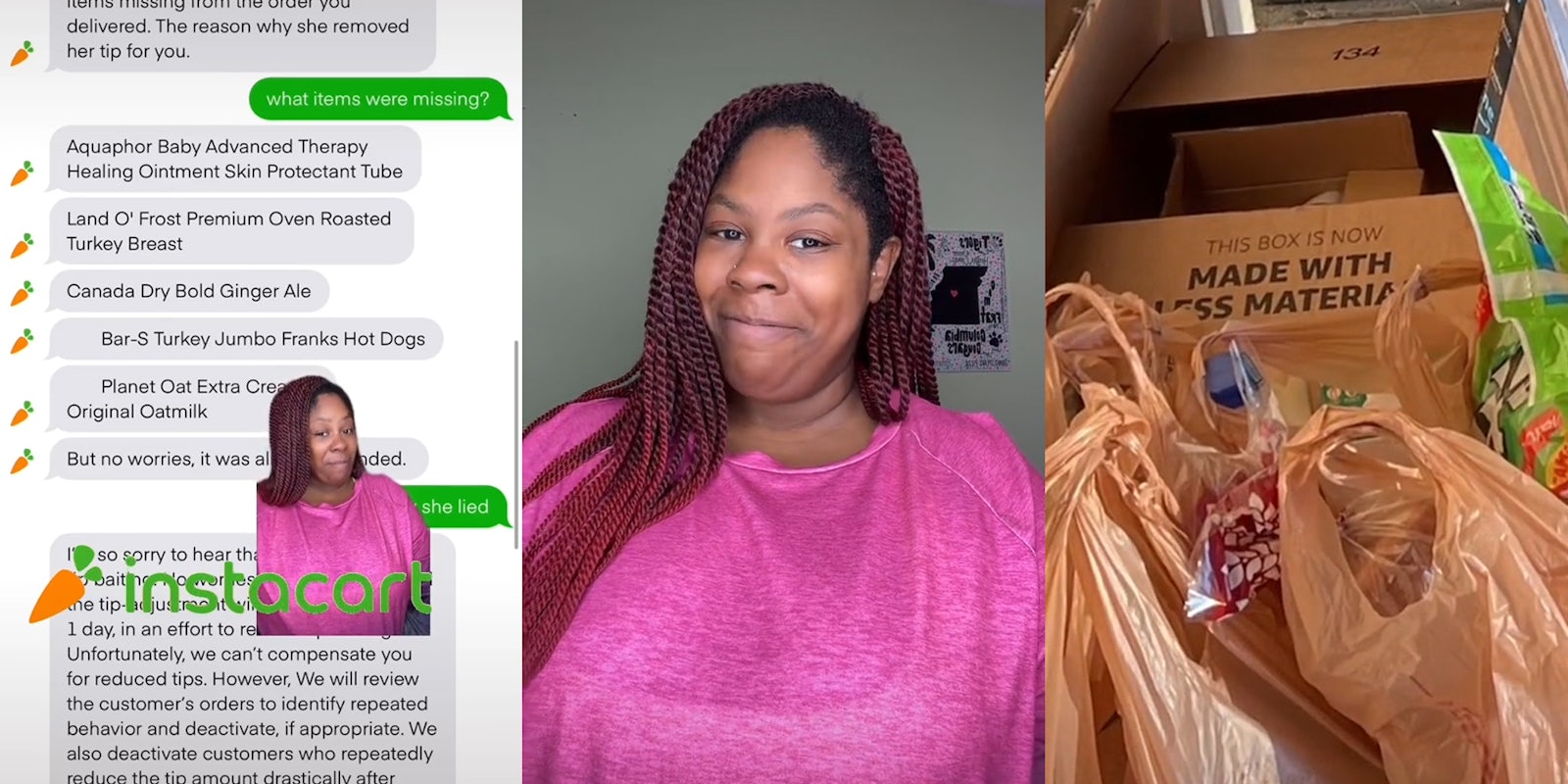 woman with DM background and instacart logo (l) woman smiling (c) groceries in bags (r)