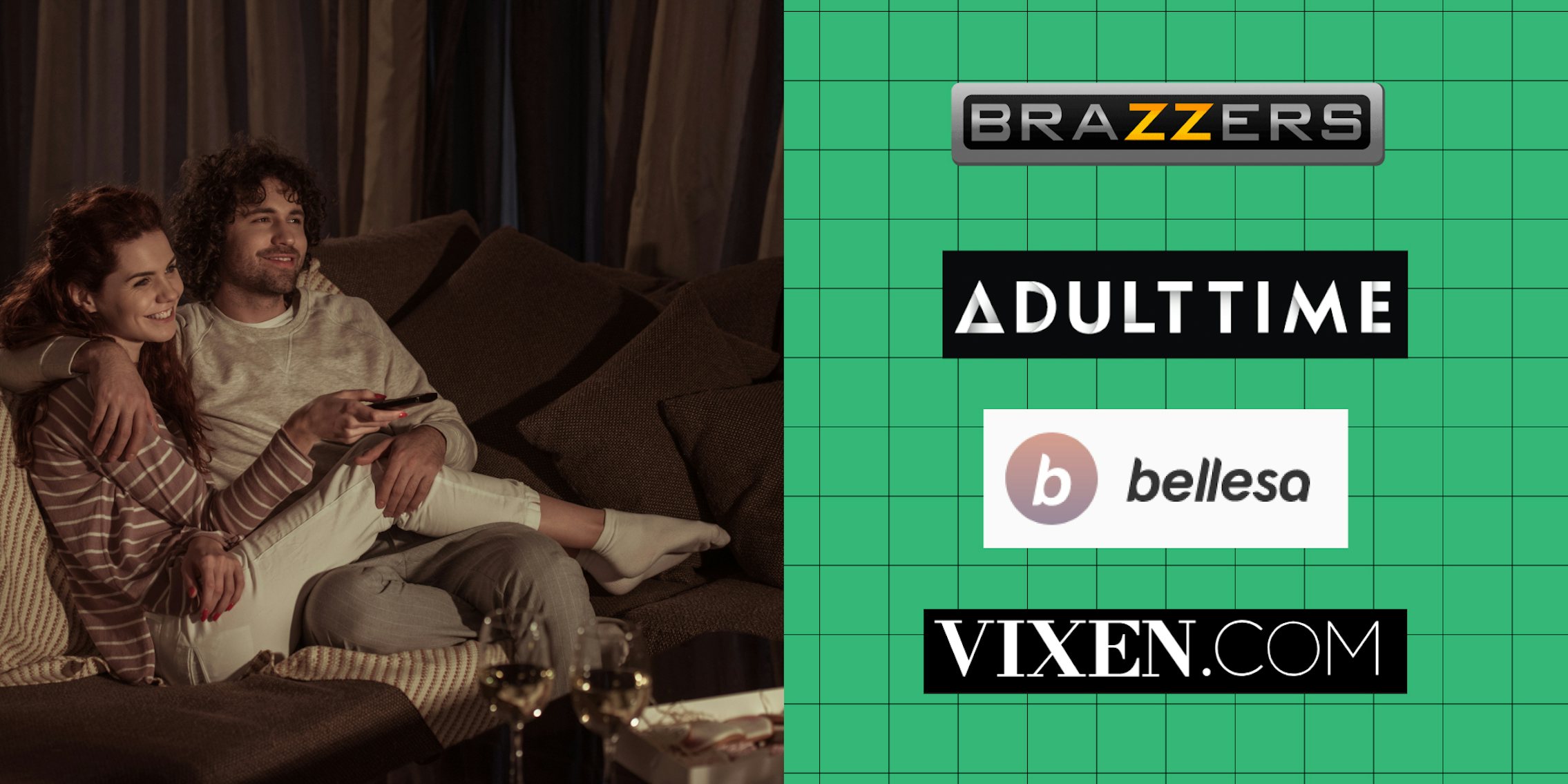 valentines day porn featured image featuring a couple sitting on a sofa looking at porn options from brazzars, adult time, bellesa, and vixen