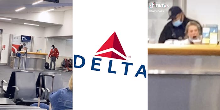woman being arrested near a desk (l) delta airline logo (m) woman screaming (r)