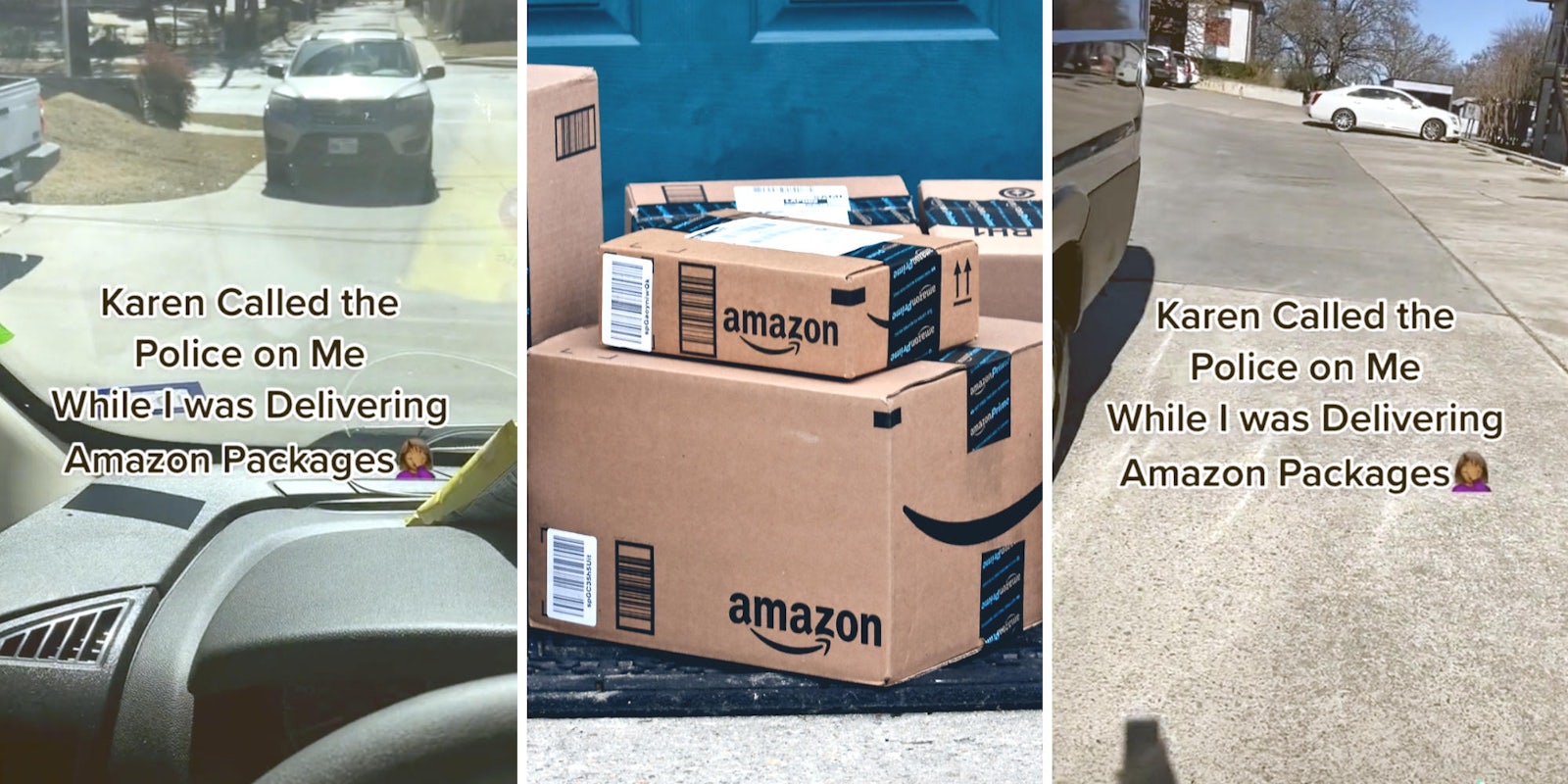 woman looking around the street (l) (r) photo of amazon packages (m)