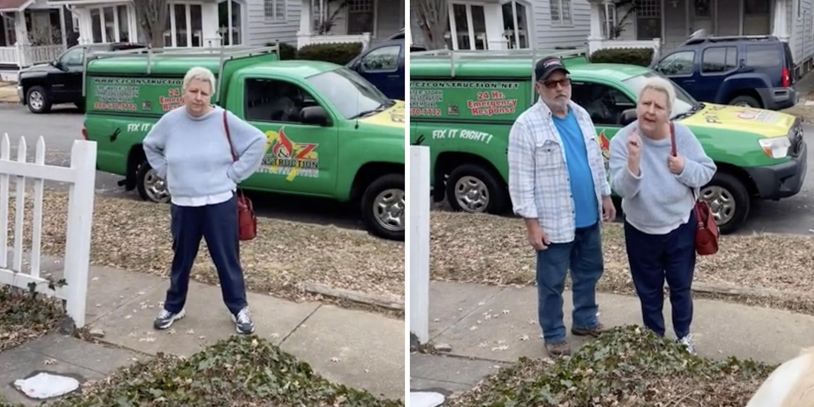 two photos of an old woman arguing