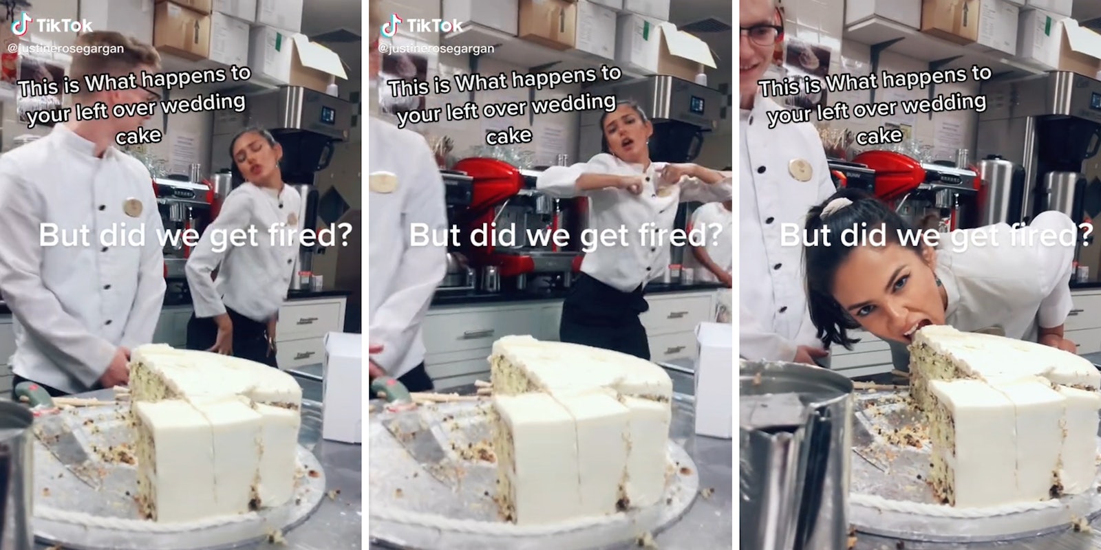 servers dance and eat wedding cake with captions 'this is what happens to your left over wedding cake' and 'but did we get fired?'