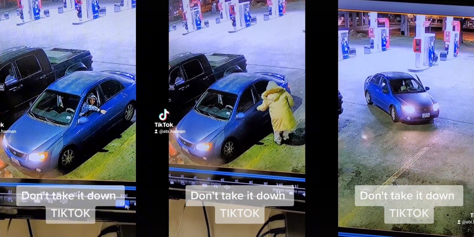 young woman getting out of car (l) man approaches car (c) man drives away with door open (r) all with caption 'don't take it down TIKTOK'