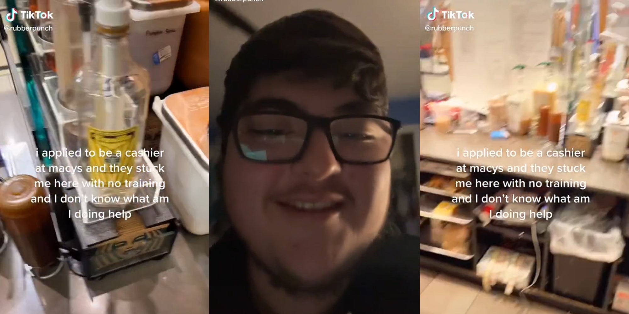starbucks branding on cup holders with syrups and caption 'i applied to be a cashier at macys and they stuck me here with no training and i don't know what am i doing help' (l & r) young man in glasses (c)