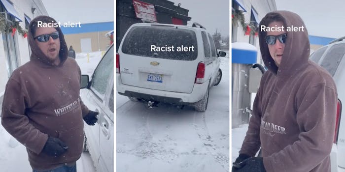 man in snowstorm spewing insults at viewer (l) (r) car driving off in snow (m)