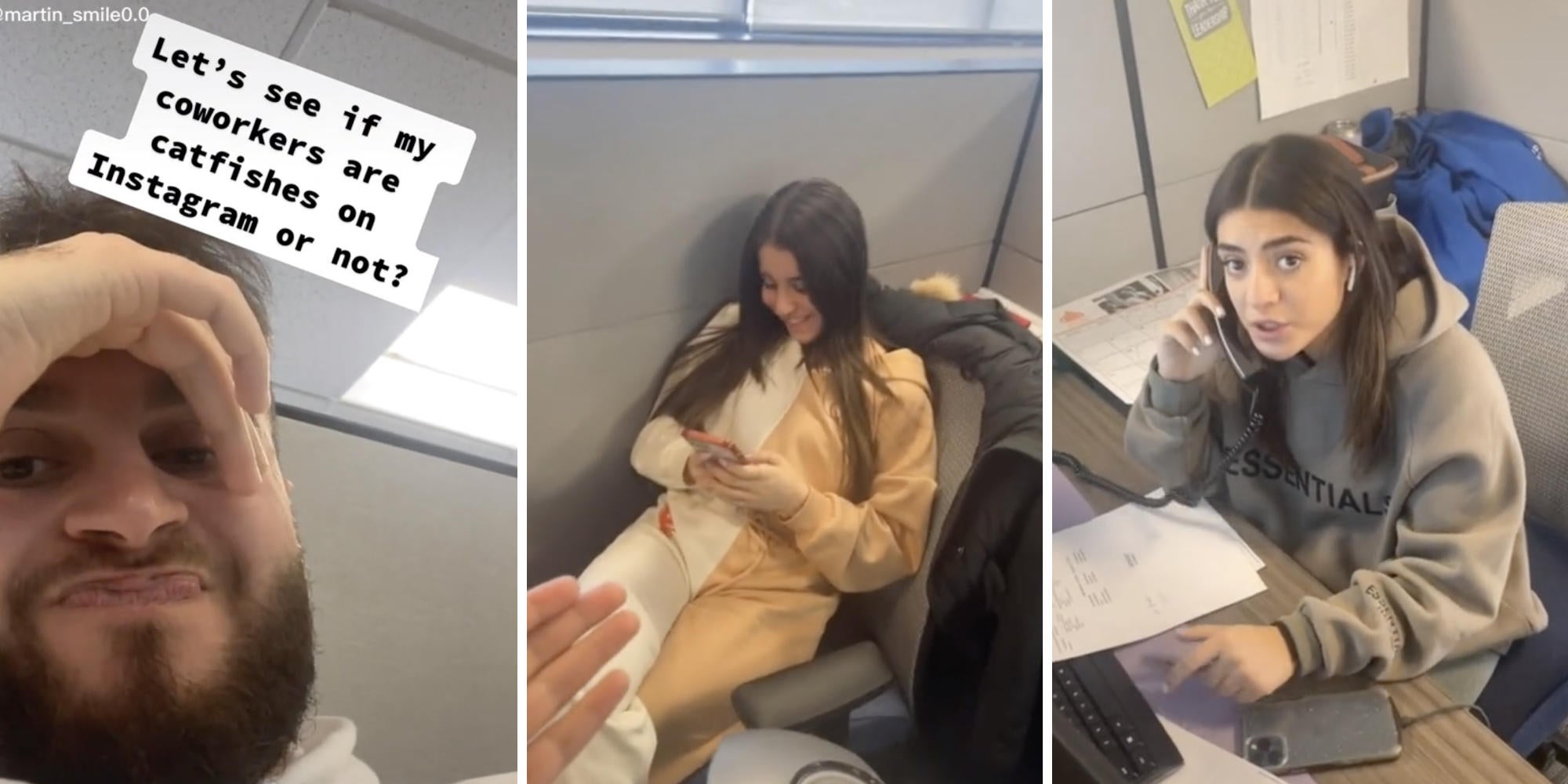 man puzzled (l) women working at their desks (m) (r)