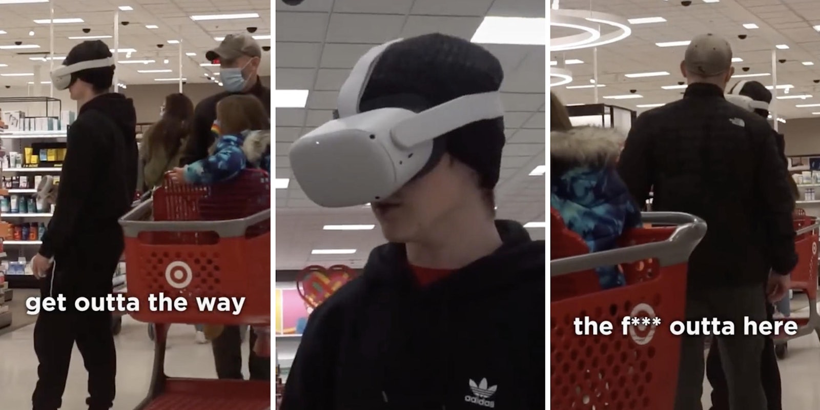 person using VR (m) customer confronting the person using VR (l) (r)