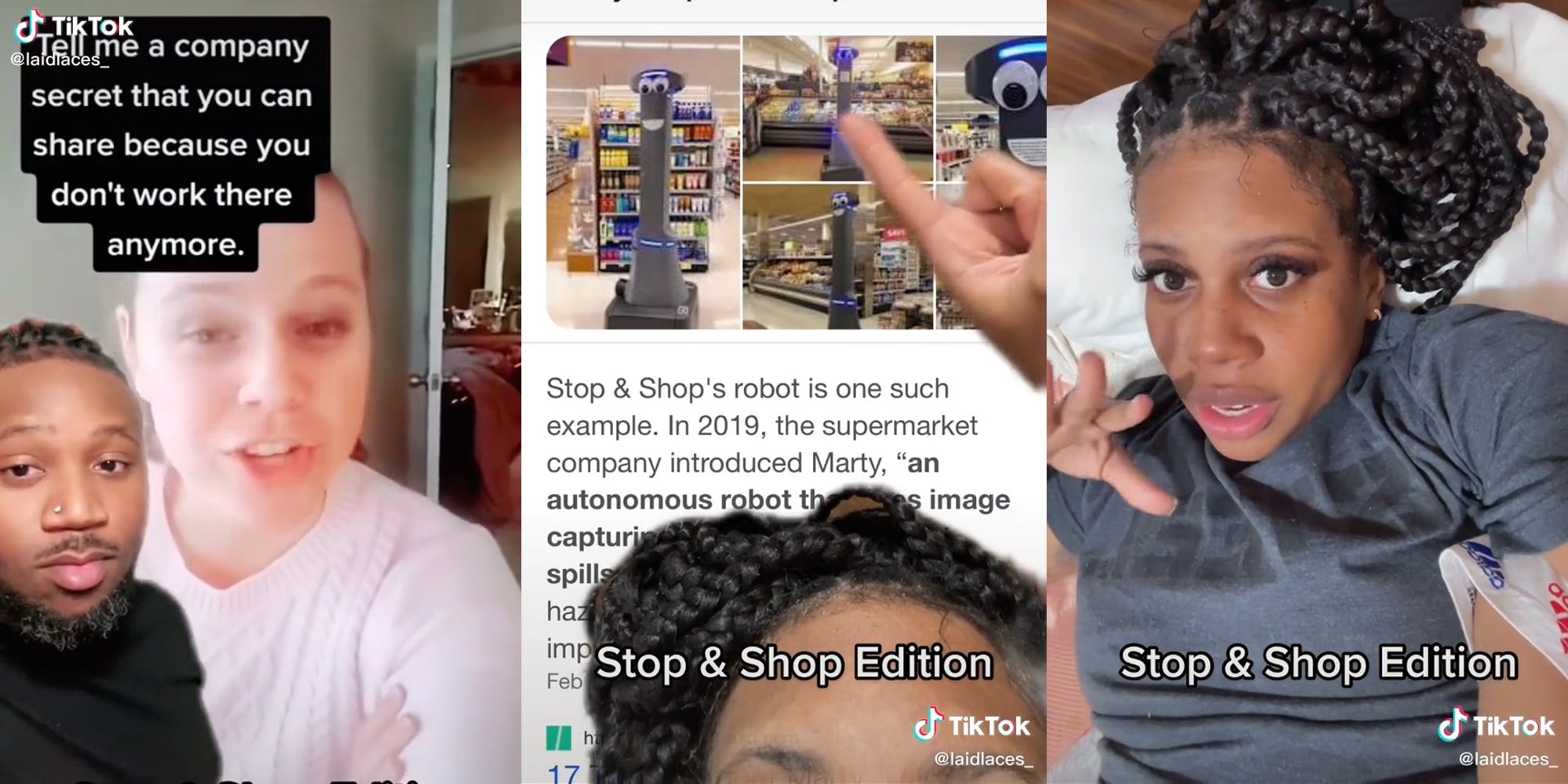 woman with 'Tell me a company secret that you can share because you don't work there anymore' (l) marty stop n shop google results page with caption 'Stop & shop edition' (c) woman in bed (r)