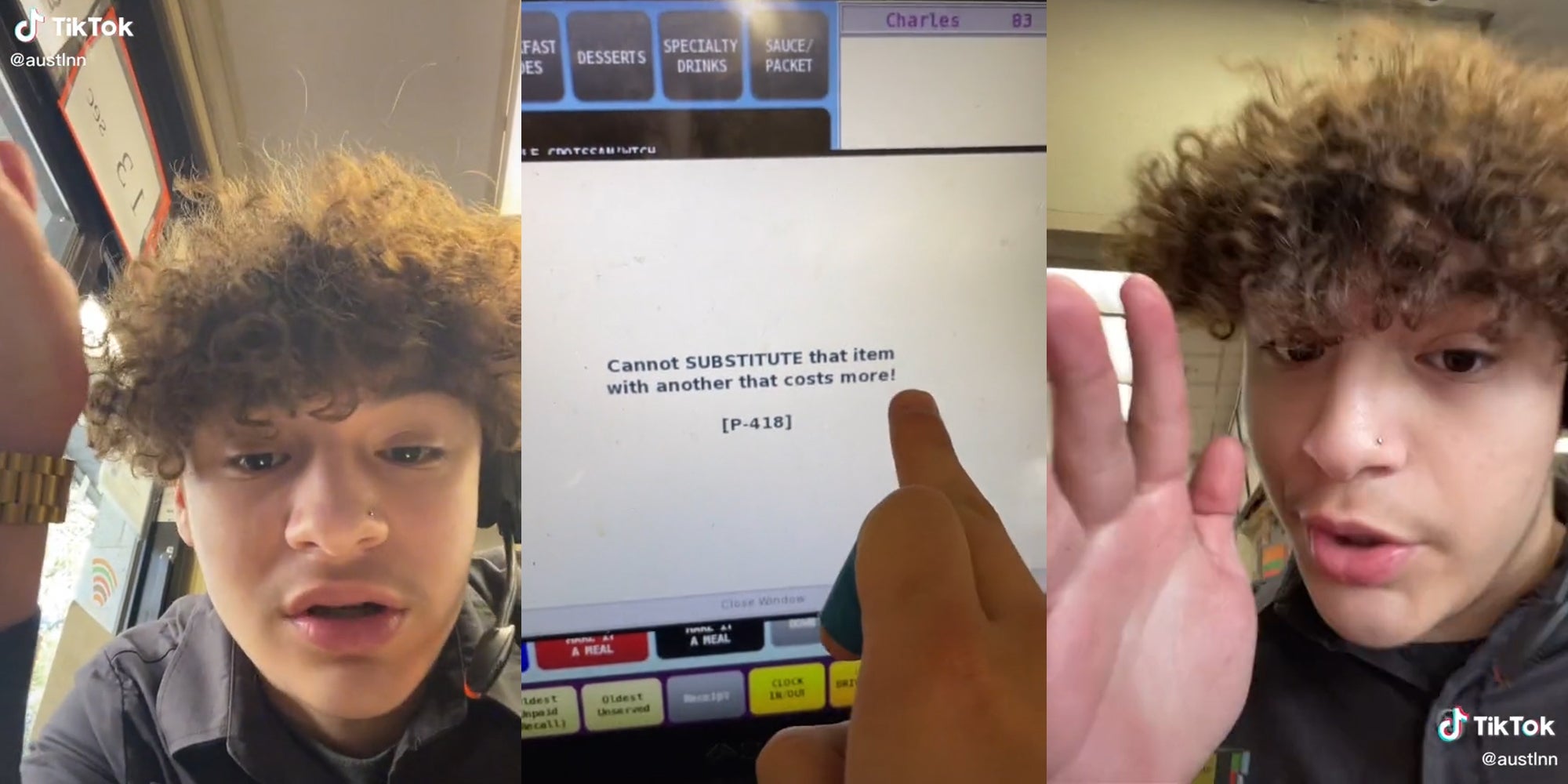 young man working in McDonald's (l & r) finger touching screen that reads 'cannot substitute that item with another that costs more!' (c)