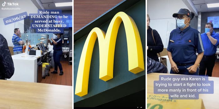 mcdonalds workers dealing with a very rude man (l) (r) mcdonalds logo (m)