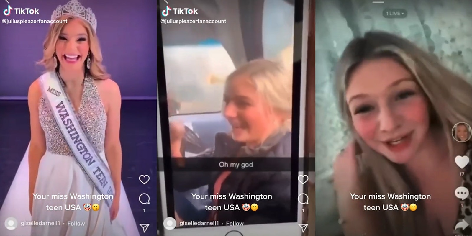 miss washington teen usa in dress and crown (l) same girl in back seat of car (c) same girl laughing (r) all with caption 'Your miss Washington teen USA'