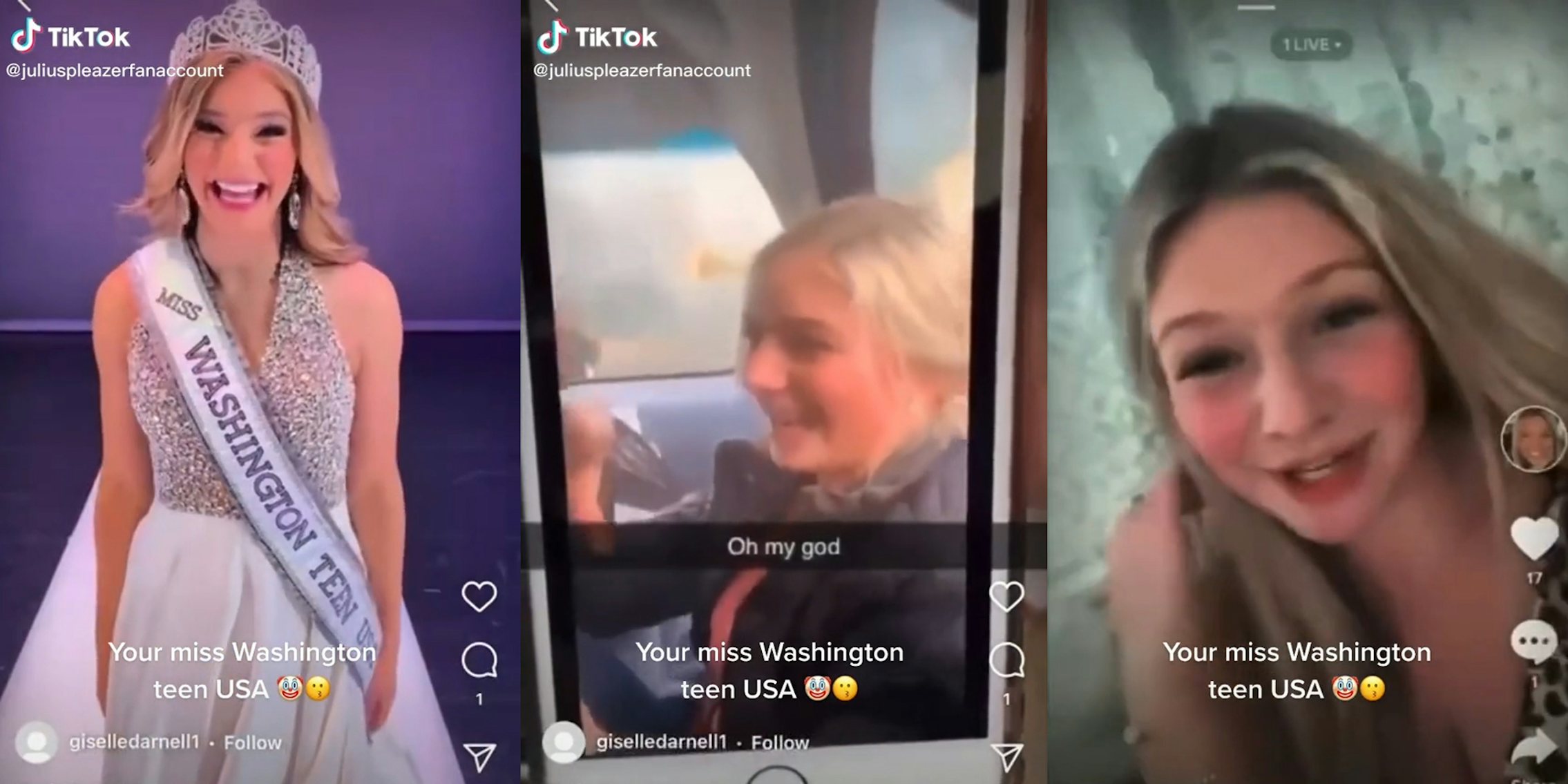miss washington teen usa in dress and crown (l) same girl in back seat of car (c) same girl laughing (r) all with caption 'Your miss Washington teen USA'