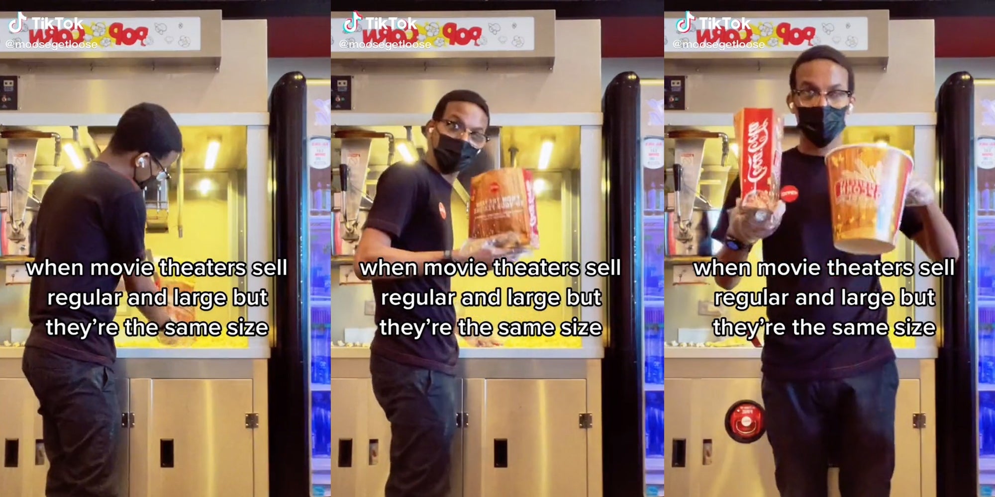 young man loading popcorn into containers with caption 'when movie theaters sell regular and large but they're the same size'