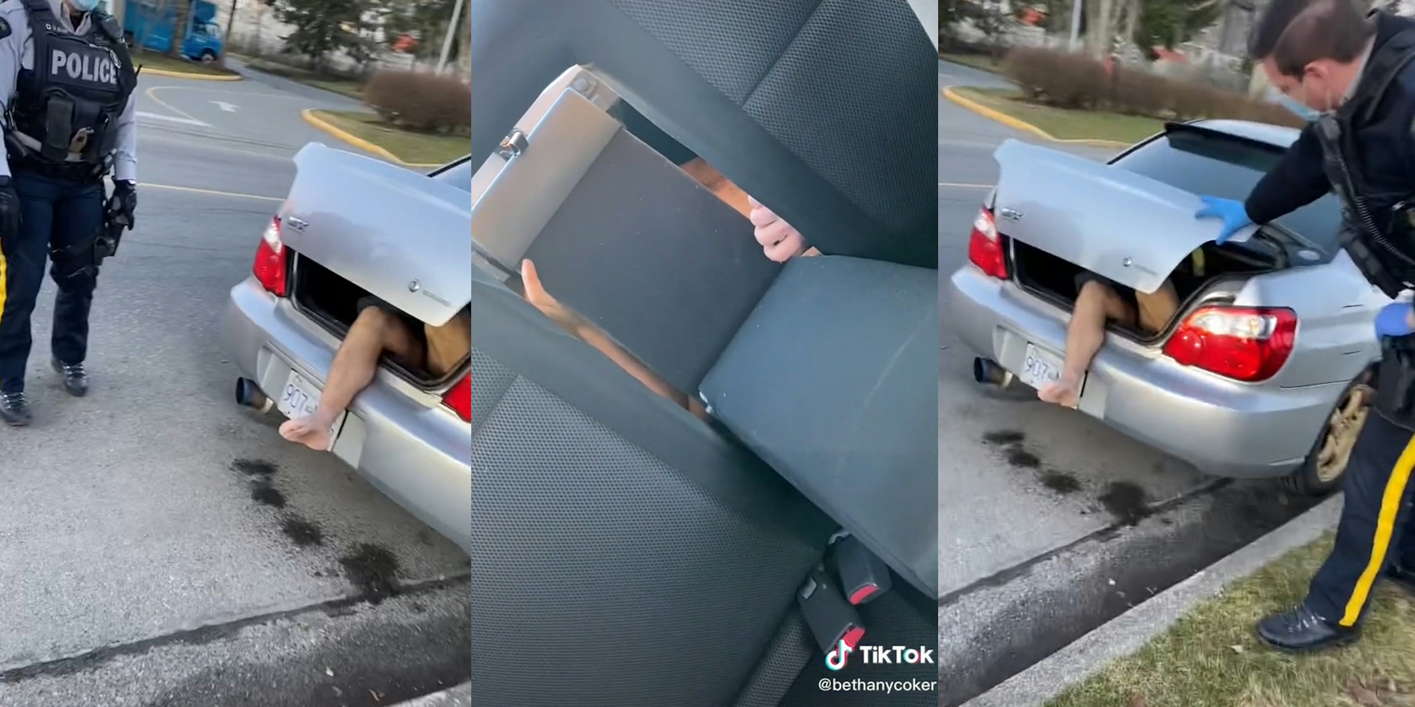 police approach trunk with man's legs sticking out (l & r) nude man in trunk hiding behind seat panel (c)