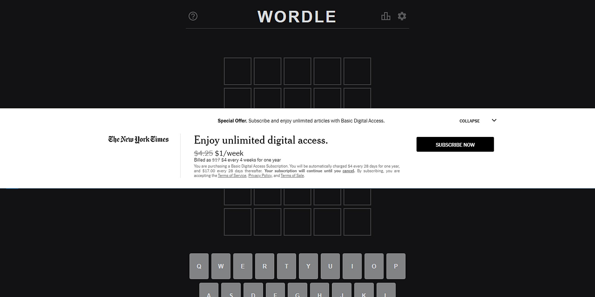 wordle with NYT 'subscribe' overlay