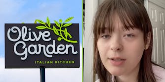 Olive Garden sign (L) Woman (R)