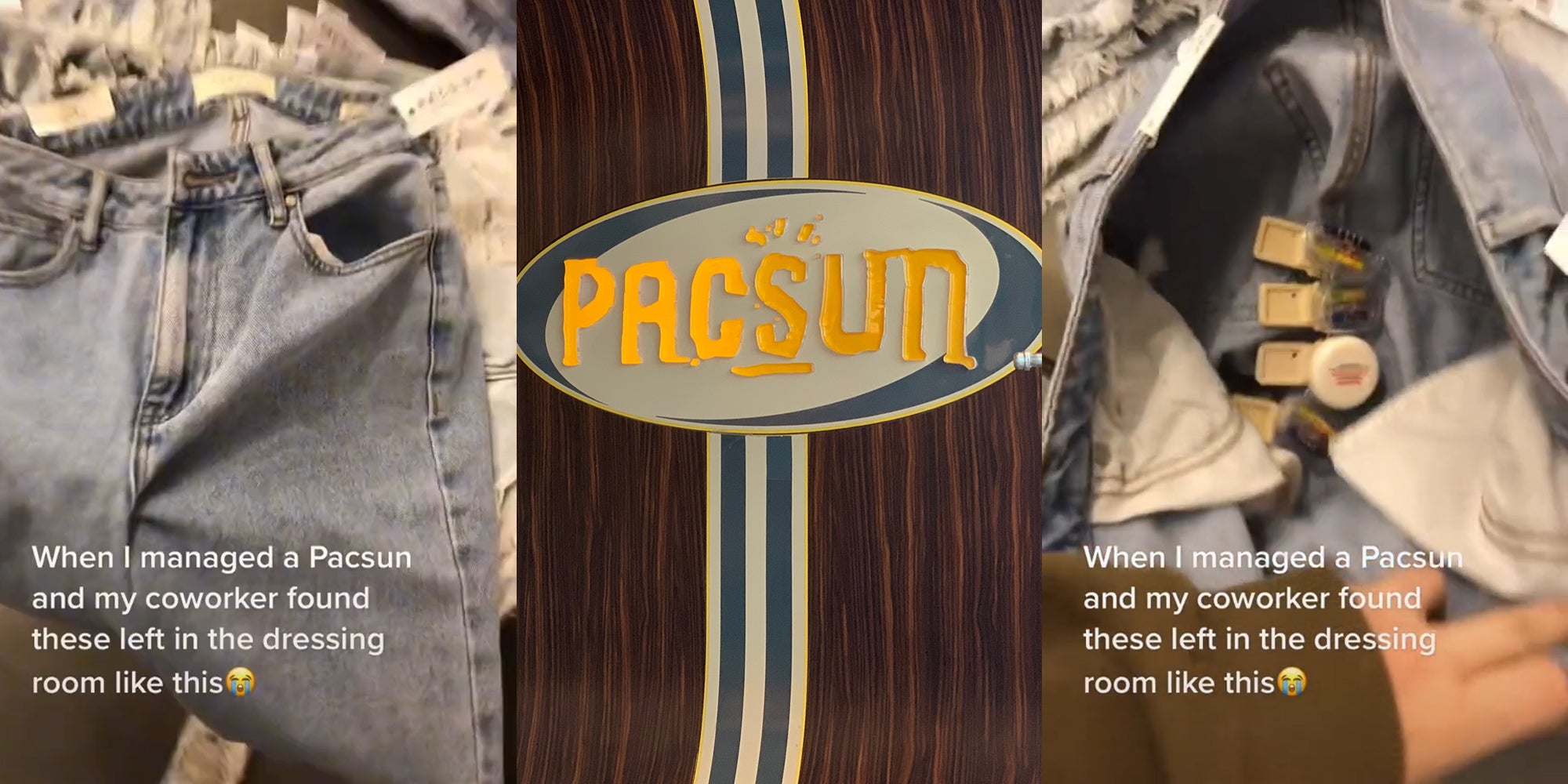 jeans (l) pacsun logo (c) hand opening jeans to reveal several security tags (r) with caption 'when i managed a pacsun and my coworker found these left in the dressing room like this'