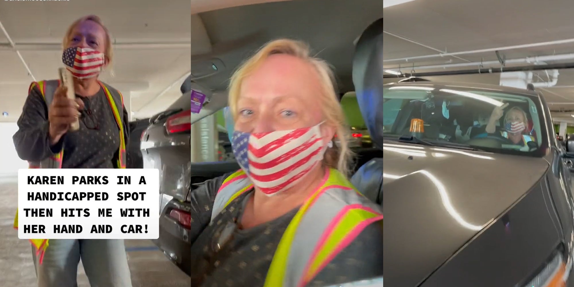 woman in parking garage with caption 'karen parks in a handicapped spot then hits me with her hand and car!'