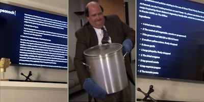 NBC's Peacock's terms and conditions (L) Kevin from 'the Office' (M) Chili recipe (R)