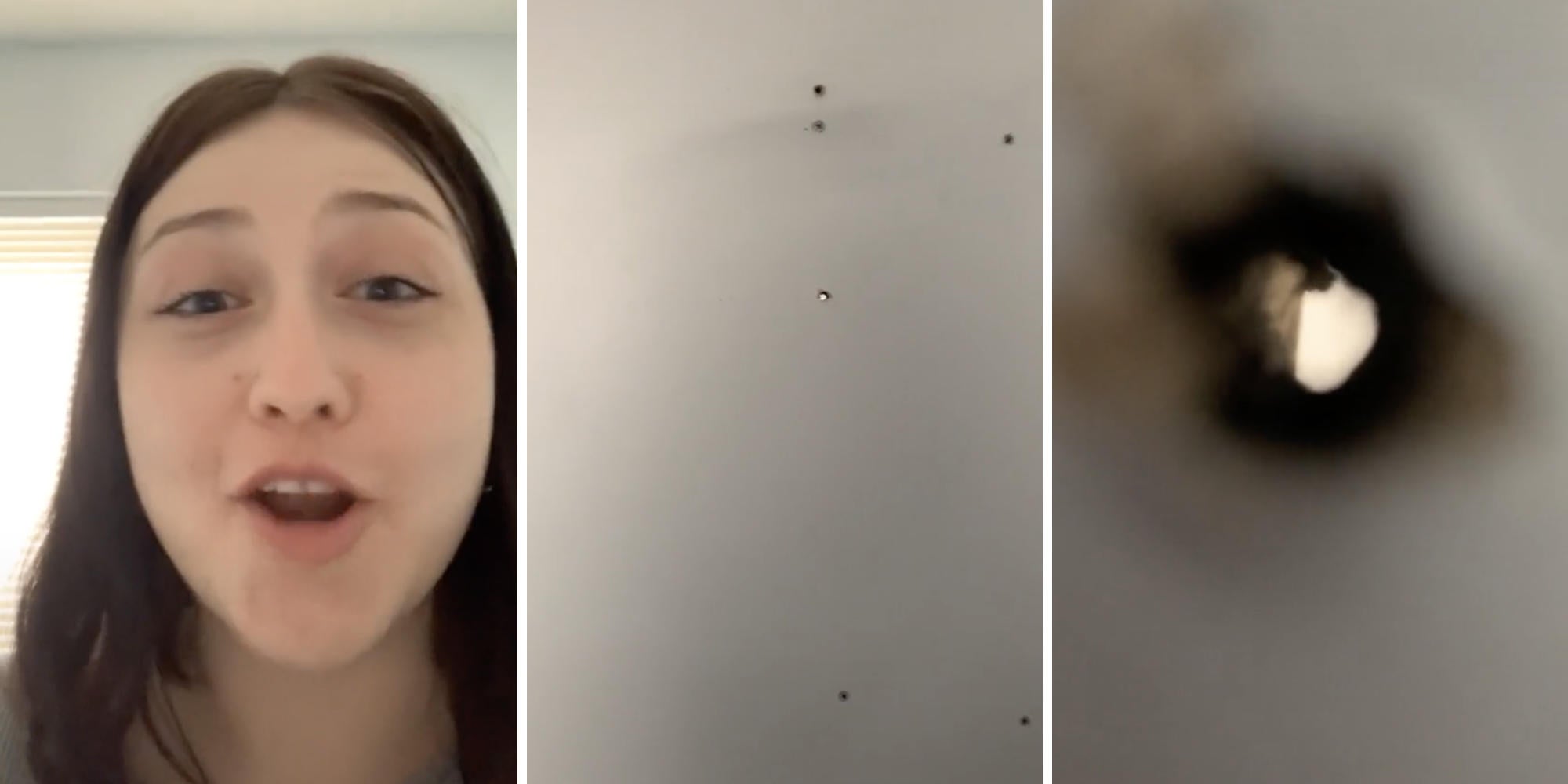 woman looking shocked (l) bathroom peephole (m) closeup on peephole (r)