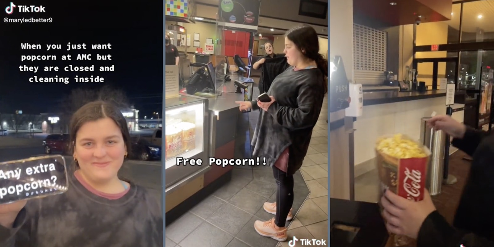 'Any free popcorn?' (L), Woman at a concession stand (M), bag of popcorn (R)