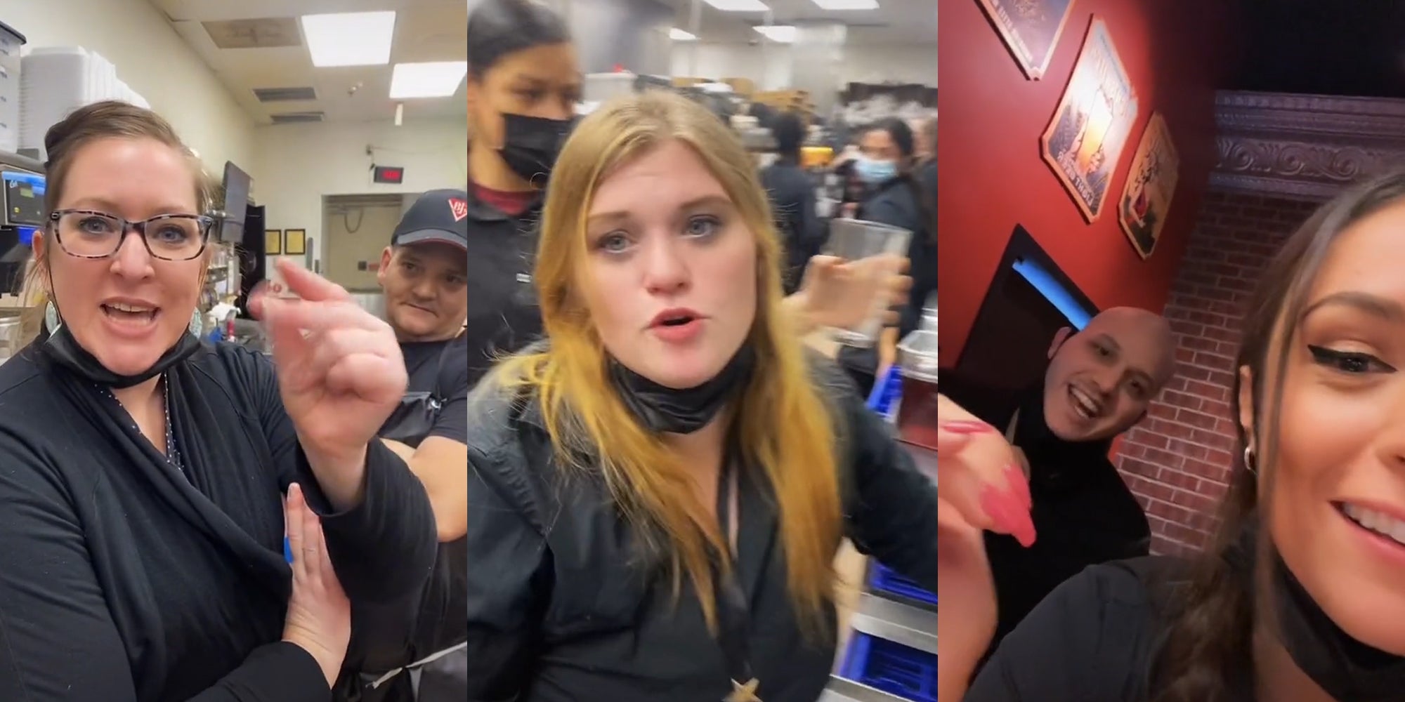 man watching woman snap her fingers (l) restaurant workers filling glasses (c) man speaking behind woman (r)