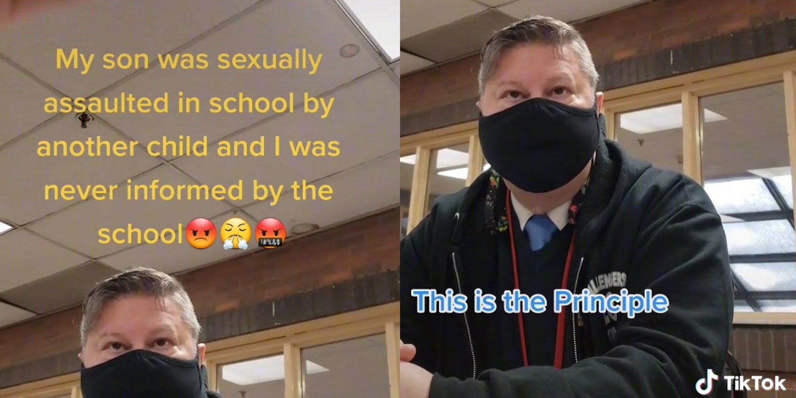 man in mask with caption 'my son was sexually assaulted in school by another child and I was never informed by the school' (l) same man with caption 'this is the principle'