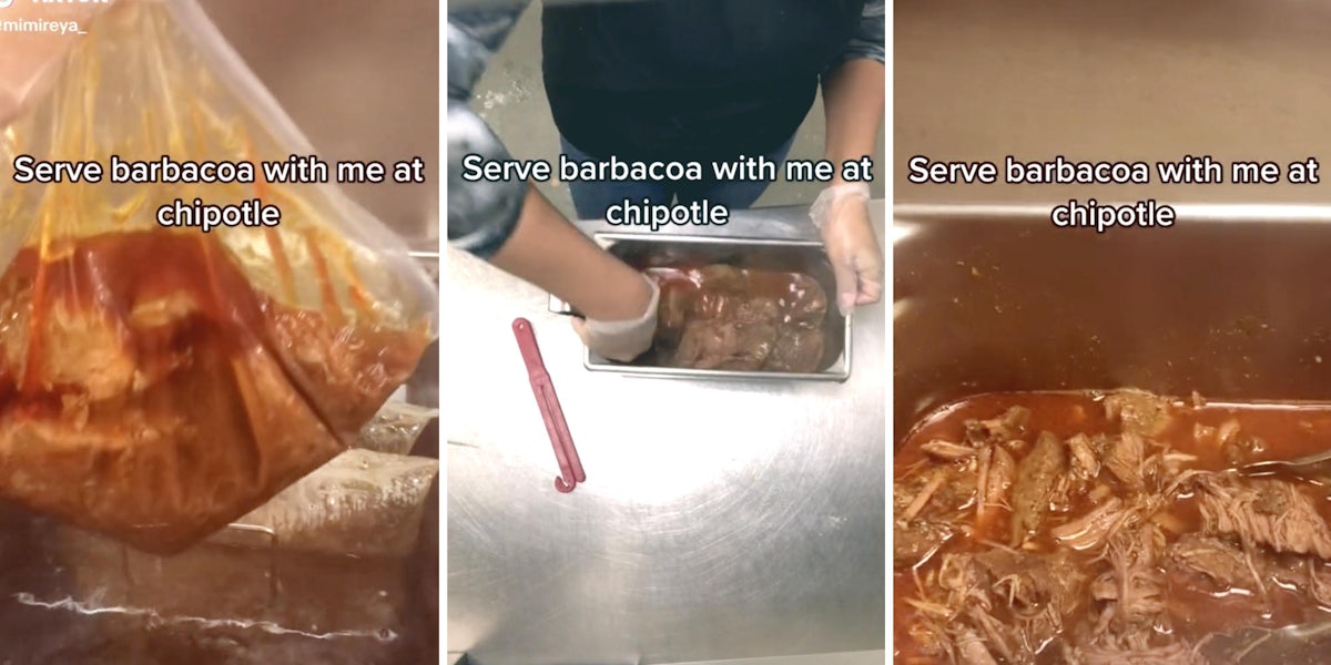 package of meat being lifted out of water (l) chipotle worker breaking up meat in a tray (m) tray of barbacoa (r)