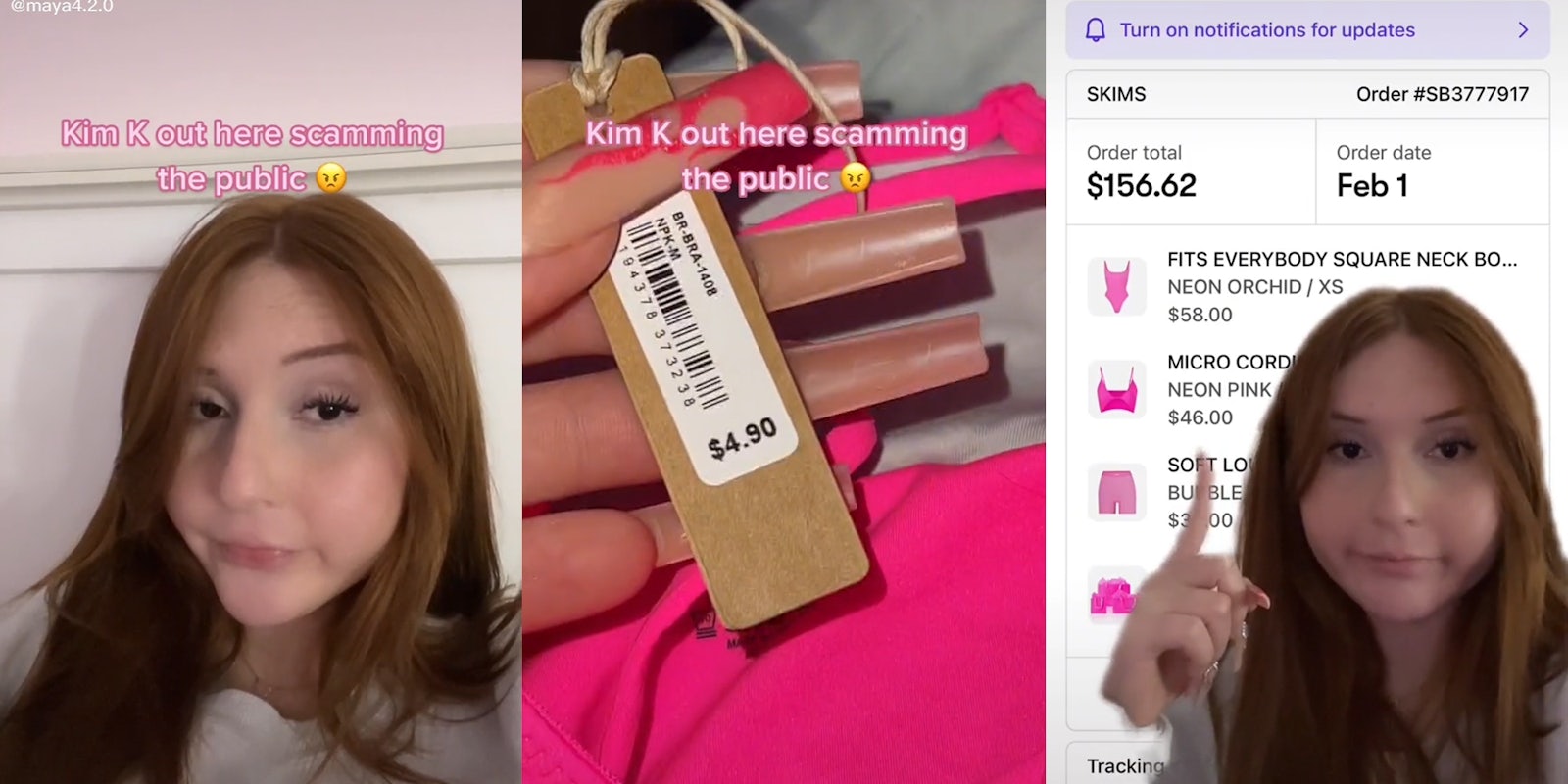 young woman with caption 'kim k out here scamming the public' (l) hand holding tag that reads $4.90' (c) young woman pointing to $46.00 price (r)