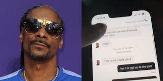 snoop dogg (l) uber eats messages (r)