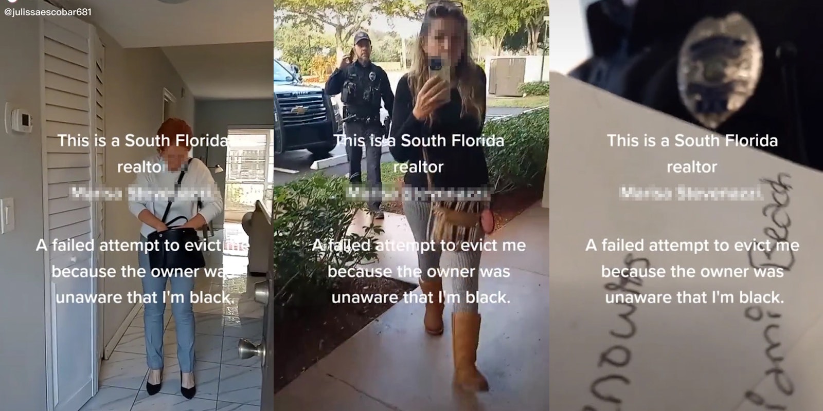 police escorting woman with caption 'this is a south florida realtor - a failed attempt to evict because the owner was unaware that i'm black'